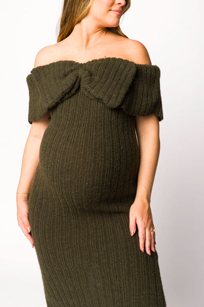 Aston Bow Front Maxi Sweater Dress in Dark Green - Bump Friendly