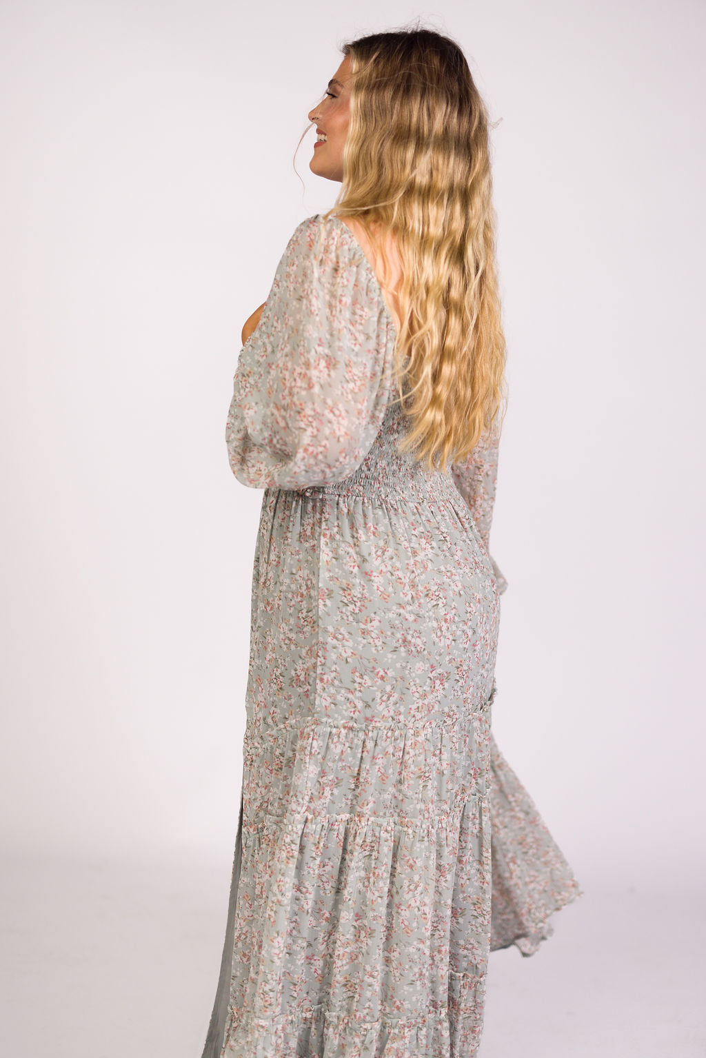 Daphne Long Sleeve Maxi Dress in Sage/Pink/Ivory Floral - Bump Friendly & Inclusive Sizing (XS-3XL)