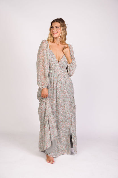 Daphne Long Sleeve Maxi Dress in Sage/Pink/Ivory Floral - Bump Friendly & Inclusive Sizing (XS-3XL)
