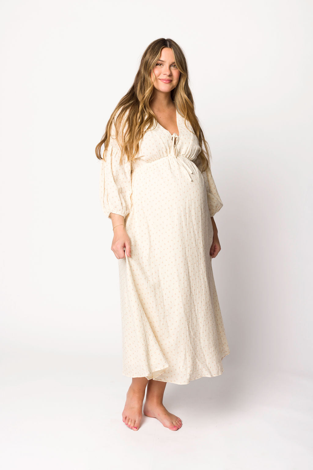 Hunter 100% Cotton Gauze Midi Dress in Natural/Brown Floral Bump Friendly (Fully Lined)