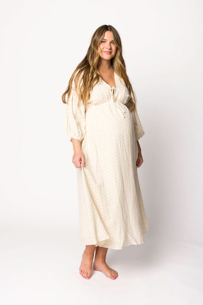 Hunter 100% Cotton Gauze Midi Dress in Natural/Brown Floral Bump Friendly (Fully Lined)