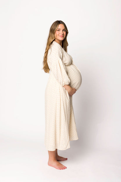 Hunter 100% Cotton Gauze Midi Dress in Natural/Brown Floral Bump Friendly (Fully Lined)