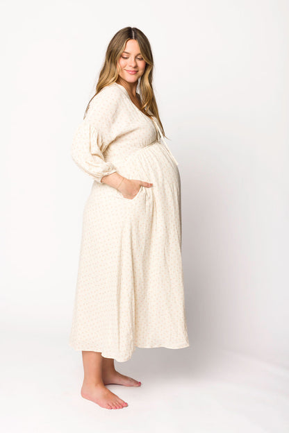 Hunter 100% Cotton Gauze Midi Dress in Natural/Brown Floral Bump Friendly (Fully Lined)