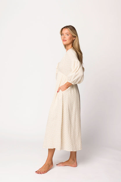 Hunter 100% Cotton Gauze Midi Dress in Natural/Brown Floral Bump Friendly (Fully Lined)