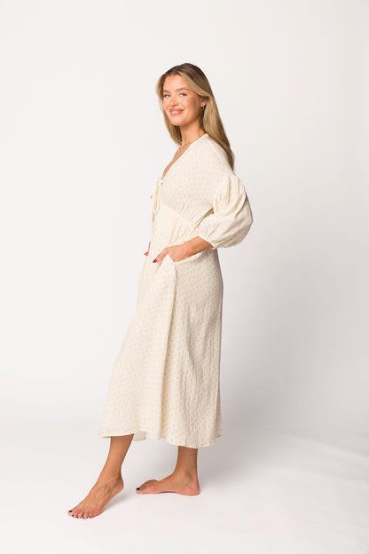 Hunter 100% Cotton Gauze Midi Dress in Natural/Brown Floral Bump Friendly (Fully Lined)