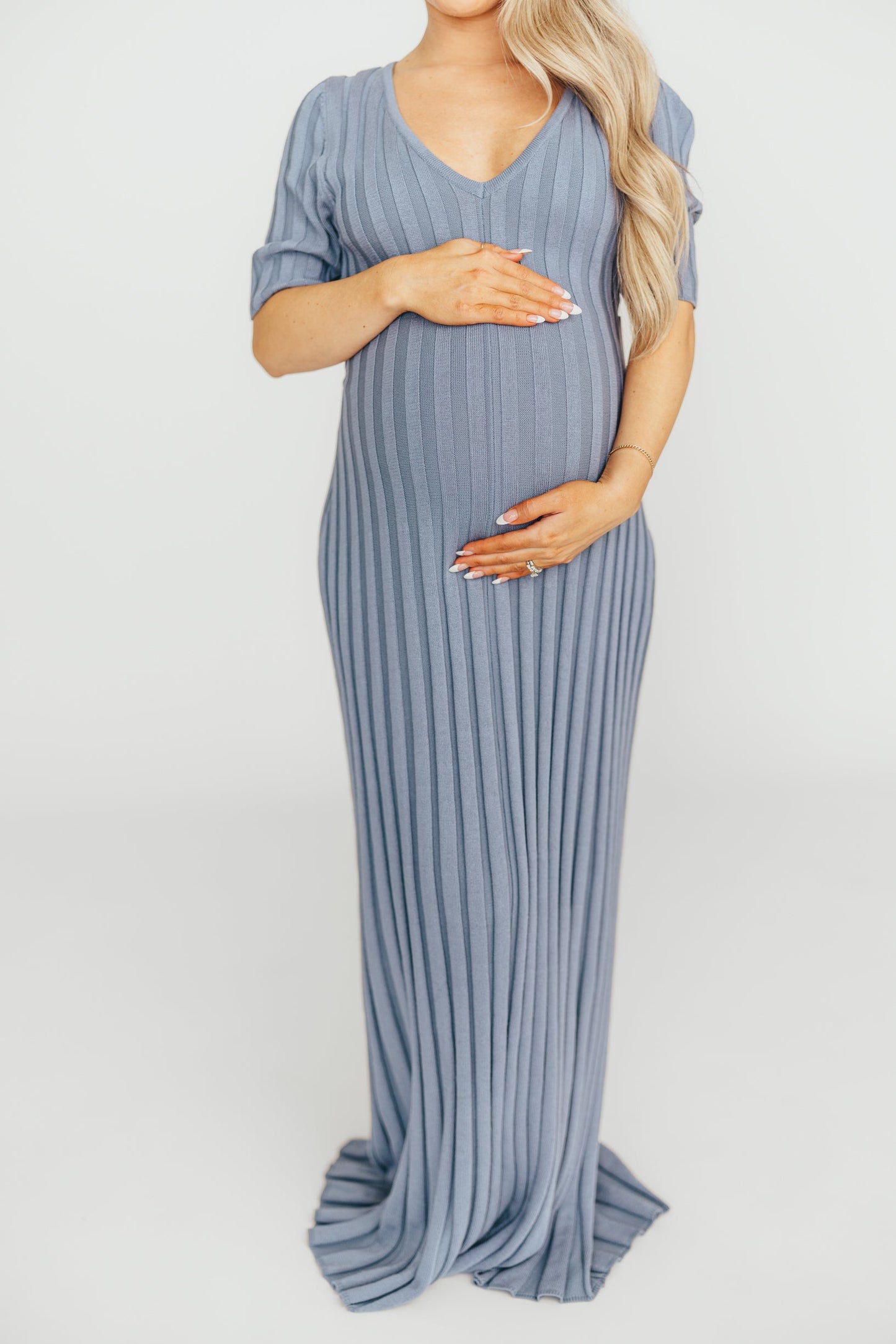 Oakley Ribbed Maxi Dress in Dusty Blue - Bump Friendly