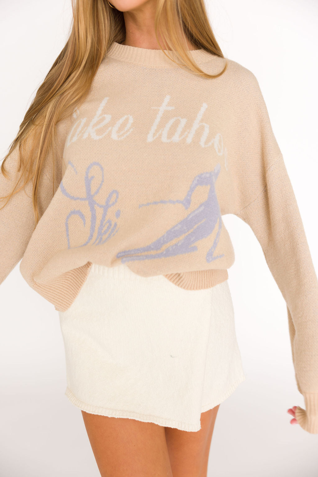 Lake Tahoe Ski Graphic Oversized Sweater in Beige