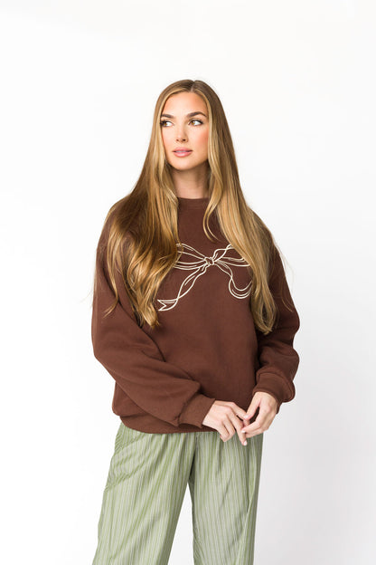 Claire Embroidered Bow Sweatshirt in Chocolate