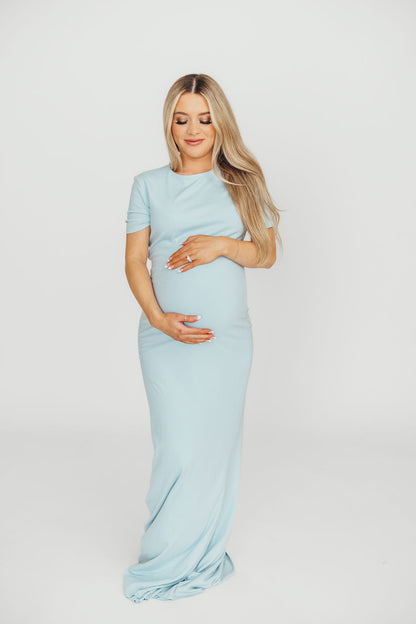 The Charlie Ribbed Maxi Dress in Baby Blue -Bump Friendly