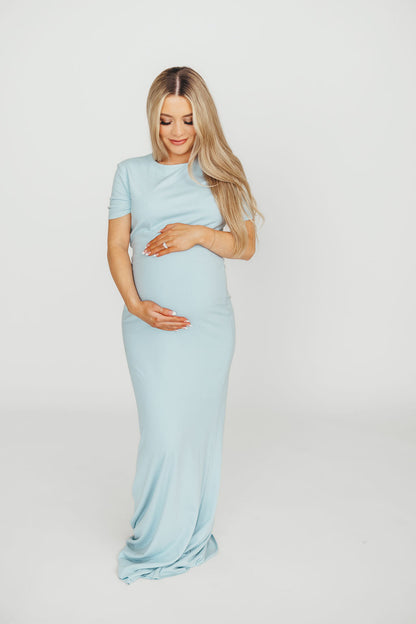 The Charlie Ribbed Maxi Dress in Baby Blue -Bump Friendly