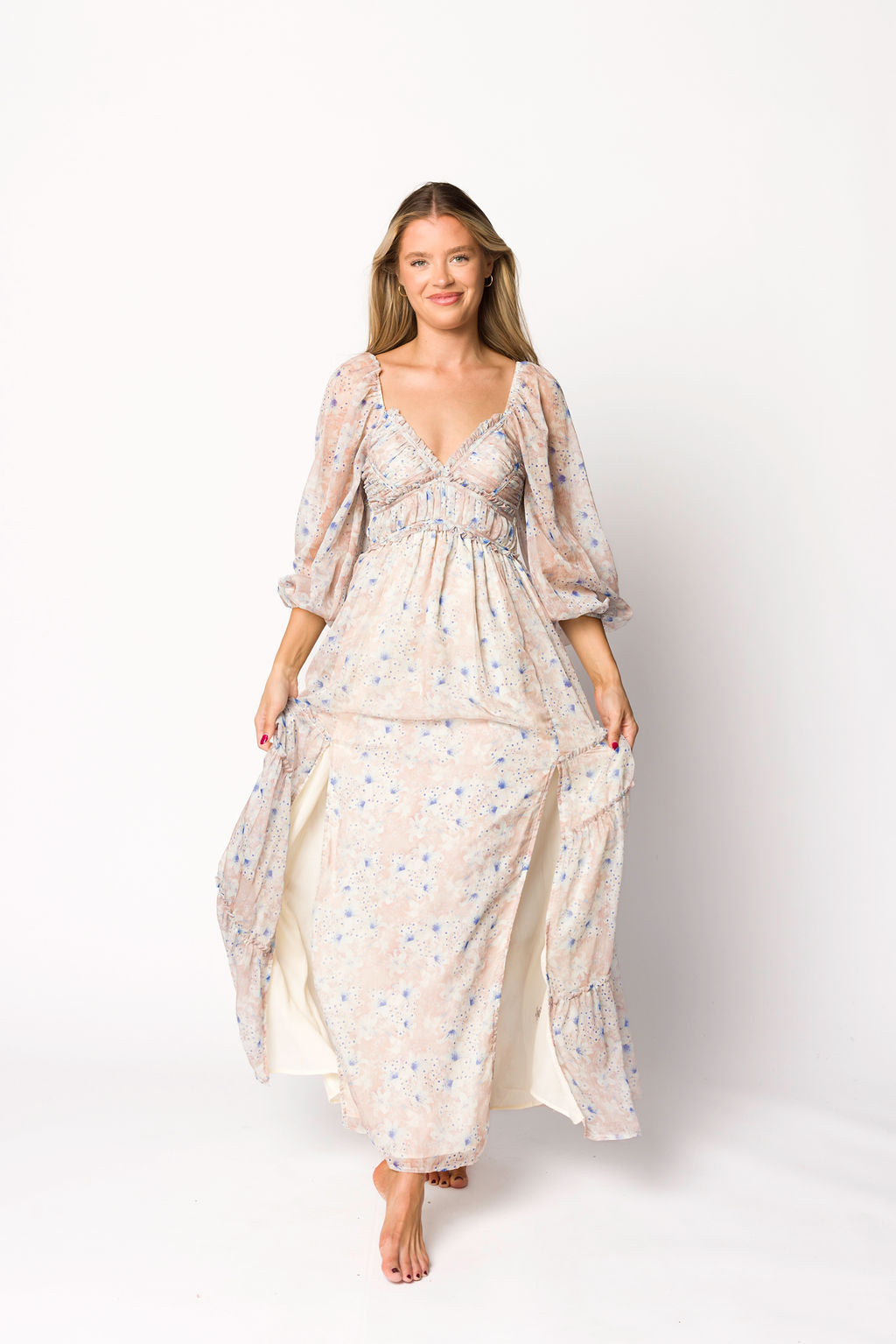 Daphne Long Sleeve Maxi Dress in Beige/Blue Floral - Bump Friendly & Inclusive Sizing (XS-3XL)