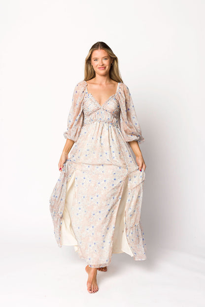 Daphne Long Sleeve Maxi Dress in Beige/Blue Floral - Bump Friendly & Inclusive Sizing (XS-3XL)