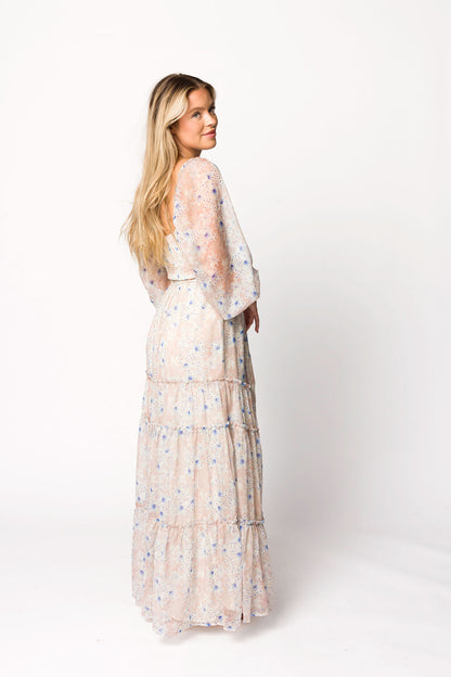 Daphne Long Sleeve Maxi Dress in Beige/Blue Floral - Bump Friendly & Inclusive Sizing (XS-3XL)