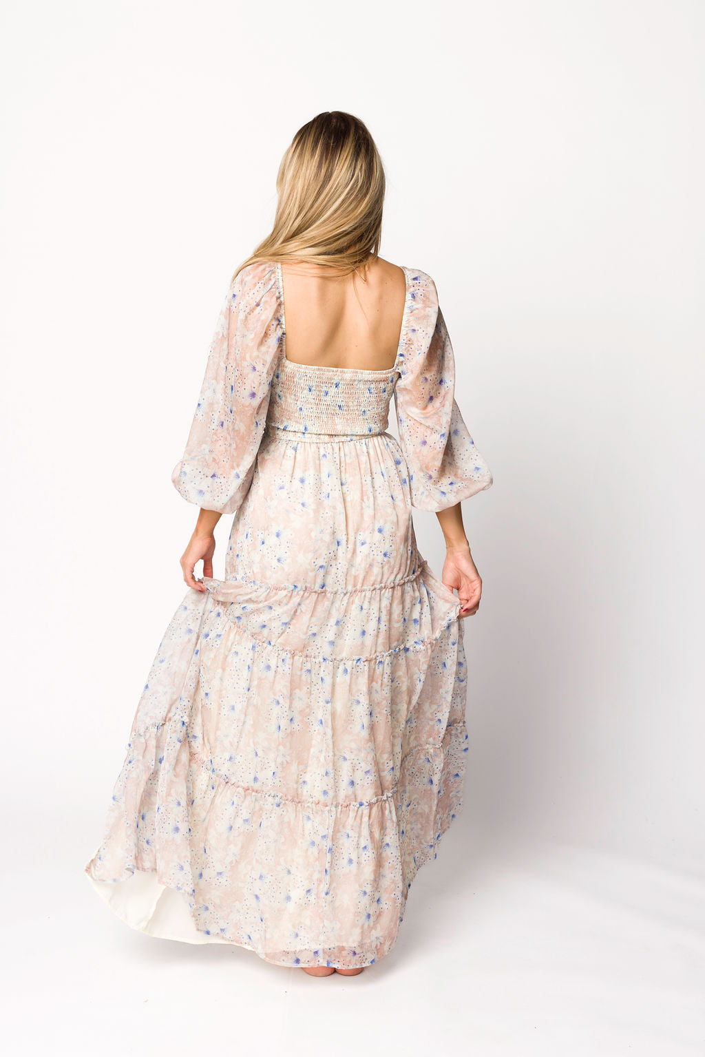 Daphne Long Sleeve Maxi Dress in Beige/Blue Floral - Bump Friendly & Inclusive Sizing (XS-3XL)