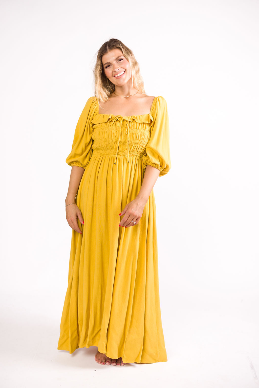 Devon Smocked Maxi Dress in Mustard - Bump Friendly