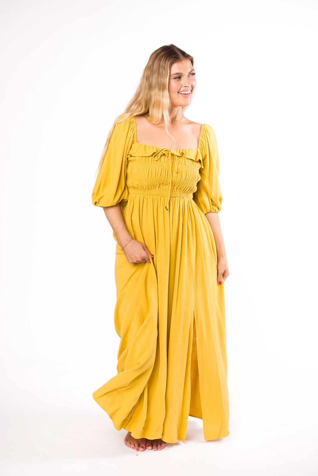 Devon Smocked Maxi Dress in Mustard - Bump Friendly