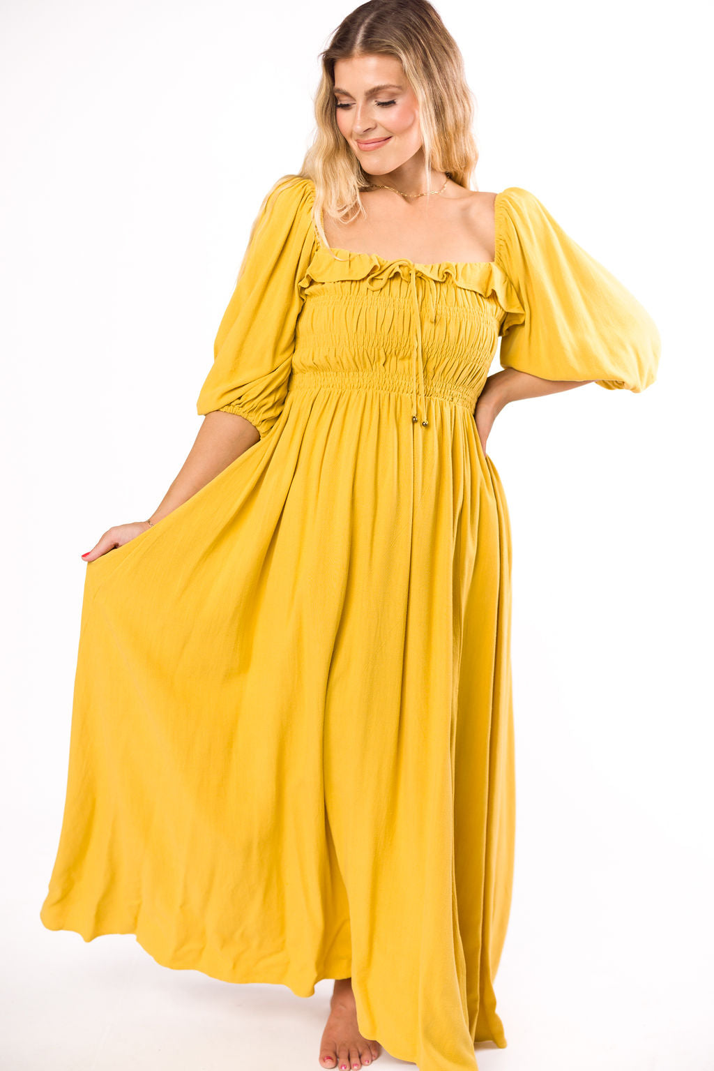 Devon Smocked Maxi Dress in Mustard - Bump Friendly