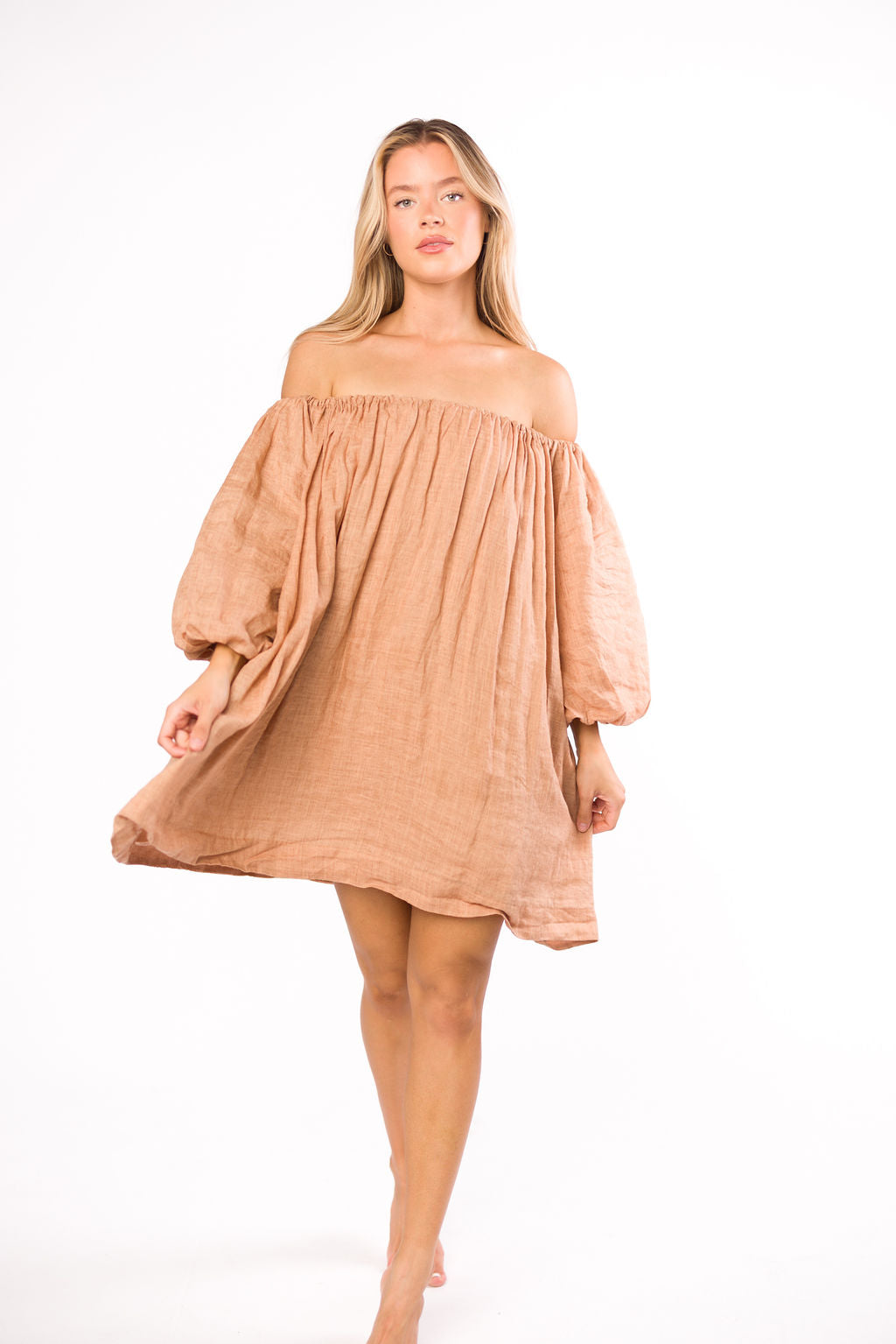 Cassidy 100% Linen On/Off Shoulder Mini Dress in Mocha