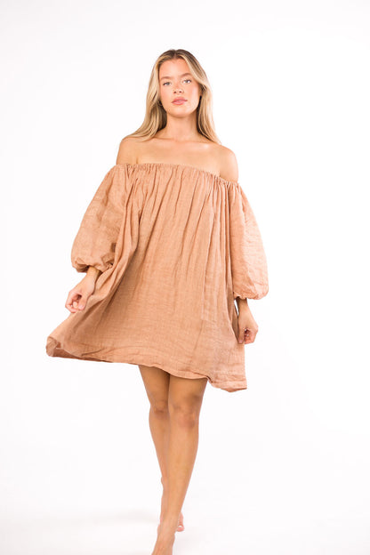 Cassidy 100% Linen On/Off Shoulder Mini Dress in Mocha