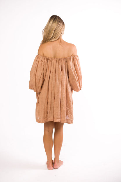 Cassidy 100% Linen On/Off Shoulder Mini Dress in Mocha