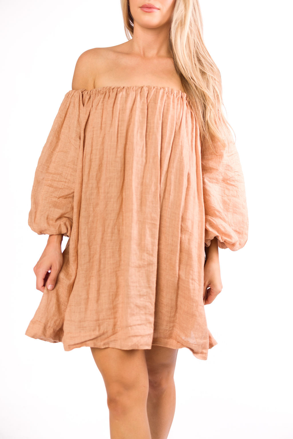 Cassidy 100% Linen On/Off Shoulder Mini Dress in Mocha