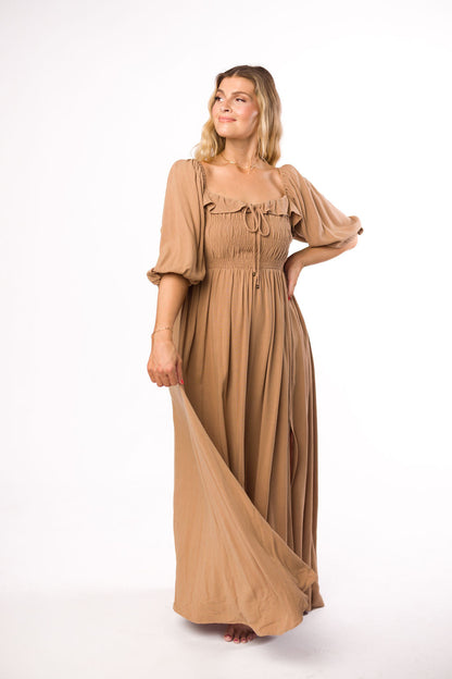 Devon Smocked Maxi Dress in Taupe - Bump Friendly