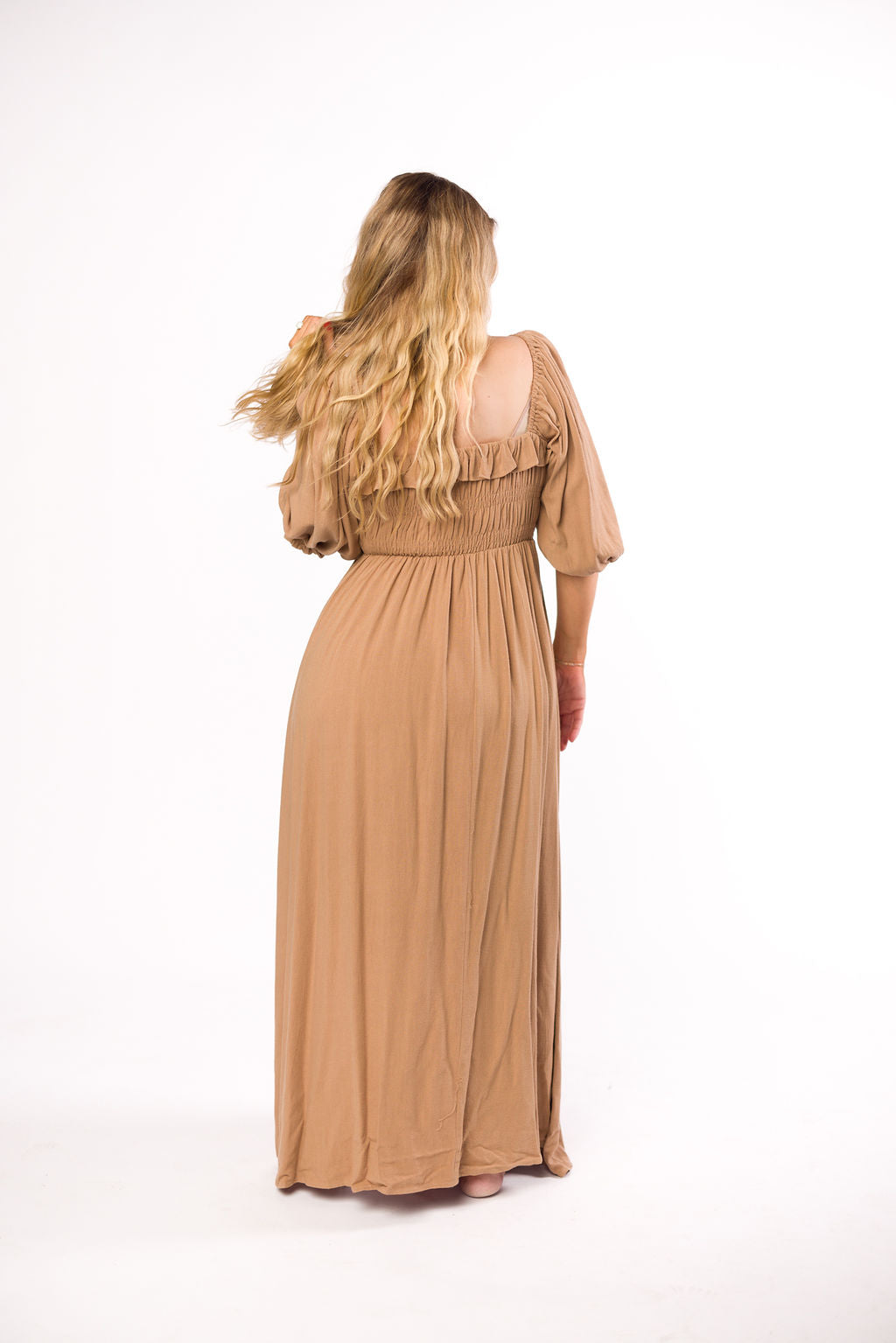 Devon Smocked Maxi Dress in Taupe - Bump Friendly