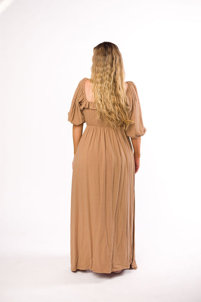 Devon Smocked Maxi Dress in Taupe - Bump Friendly