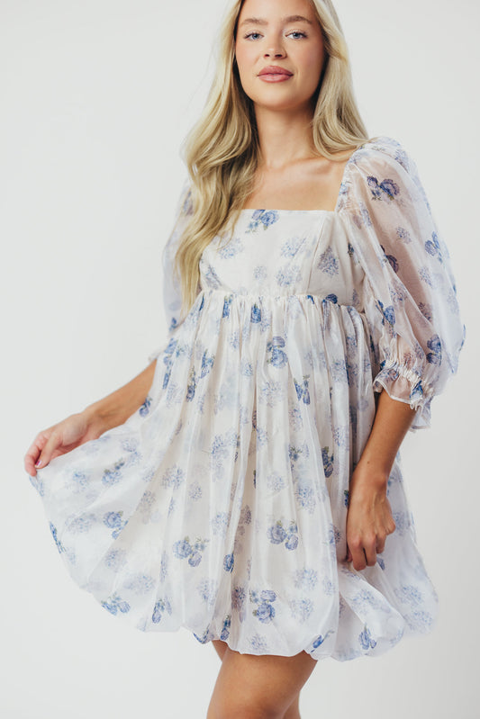 Chase Bubble Hem Mini Dress in White/Periwinkle