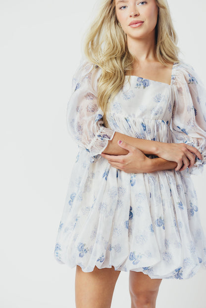Chase Bubble Hem Mini Dress in White/Periwinkle