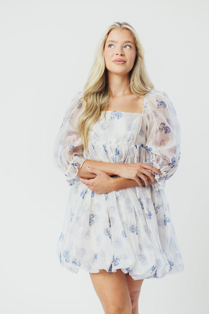 Chase Bubble Hem Mini Dress in White/Periwinkle