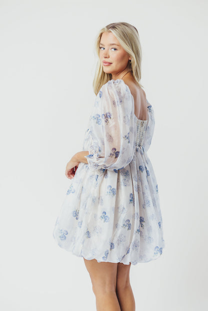 Chase Bubble Hem Mini Dress in White/Periwinkle