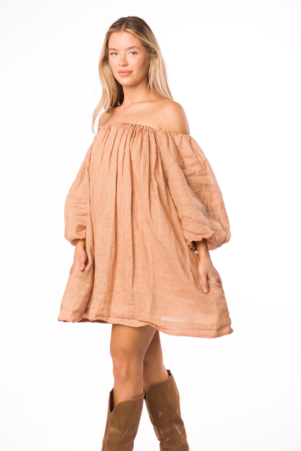 Cassidy 100% Linen On/Off Shoulder Mini Dress in Mocha