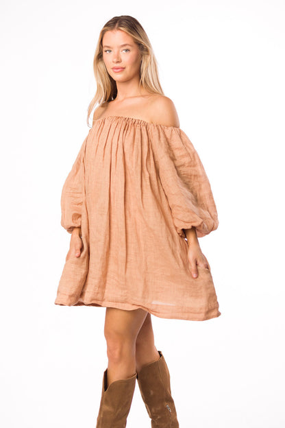 Cassidy 100% Linen On/Off Shoulder Mini Dress in Mocha