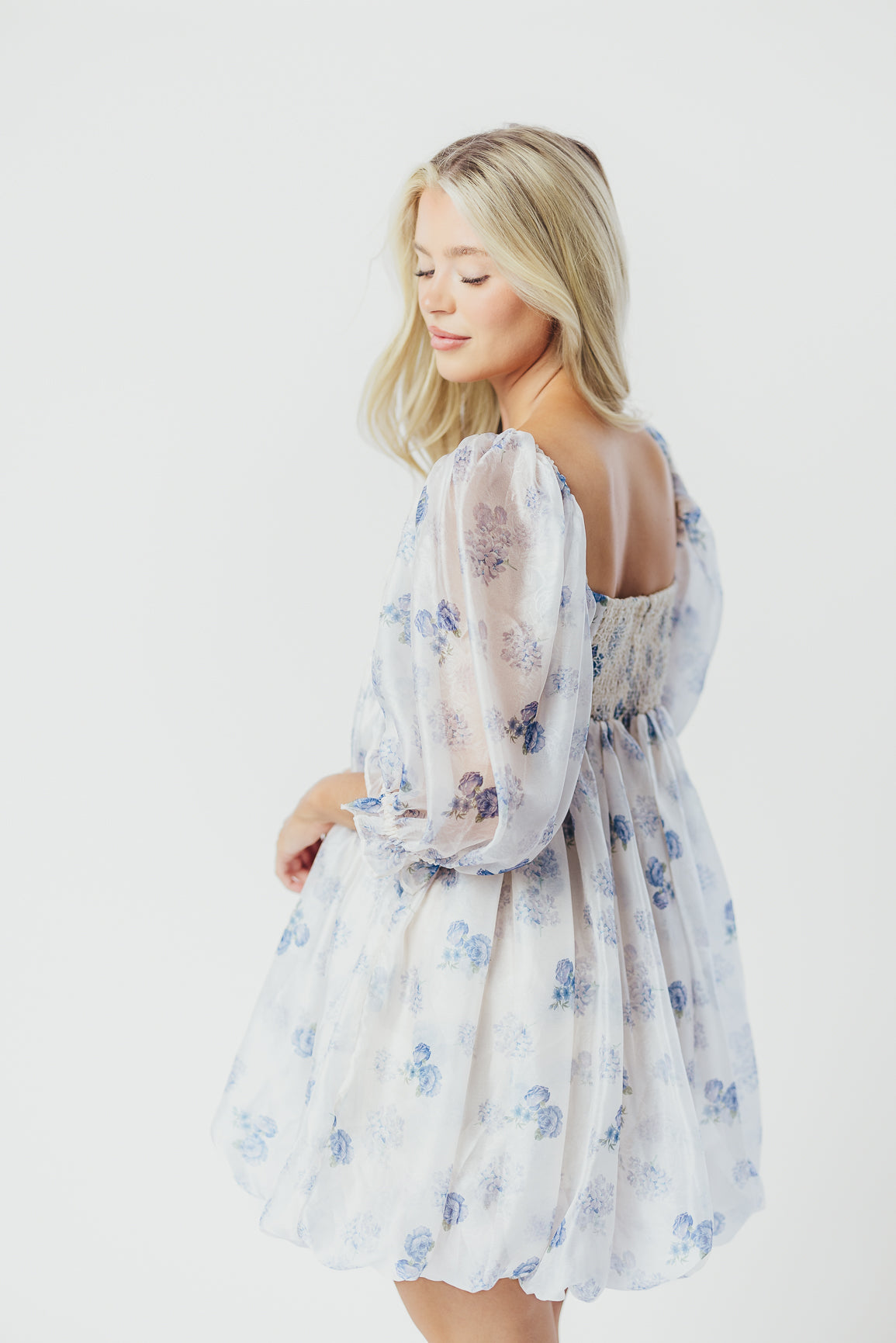 Chase Bubble Hem Mini Dress in White/Periwinkle