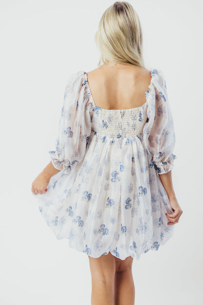 Chase Bubble Hem Mini Dress in White/Periwinkle