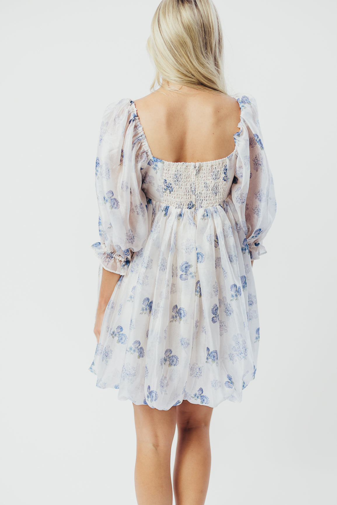 Chase Bubble Hem Mini Dress in White/Periwinkle