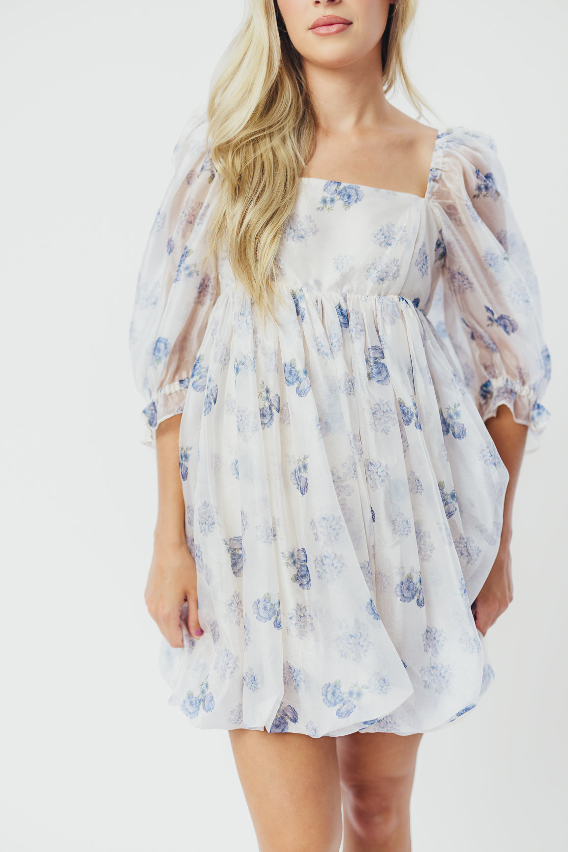 Chase Bubble Hem Mini Dress in White/Periwinkle