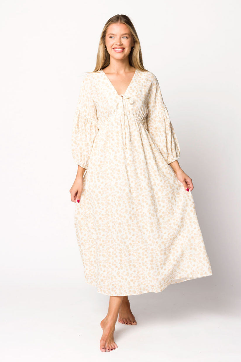 Hunter 100% Cotton Gauze Midi Dress in Natural/Fawn Floral - Bump Friendly
