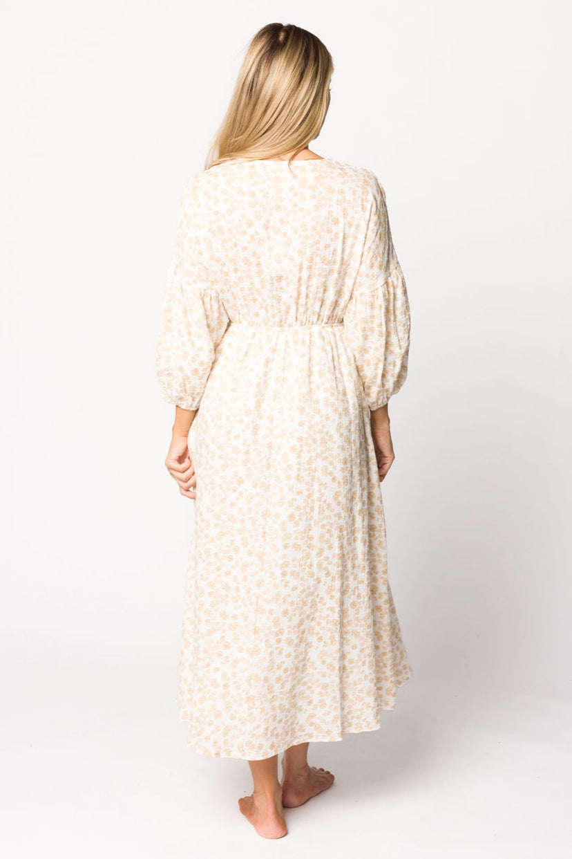 Hunter 100% Cotton Gauze Midi Dress in Natural/Fawn Floral - Bump Friendly