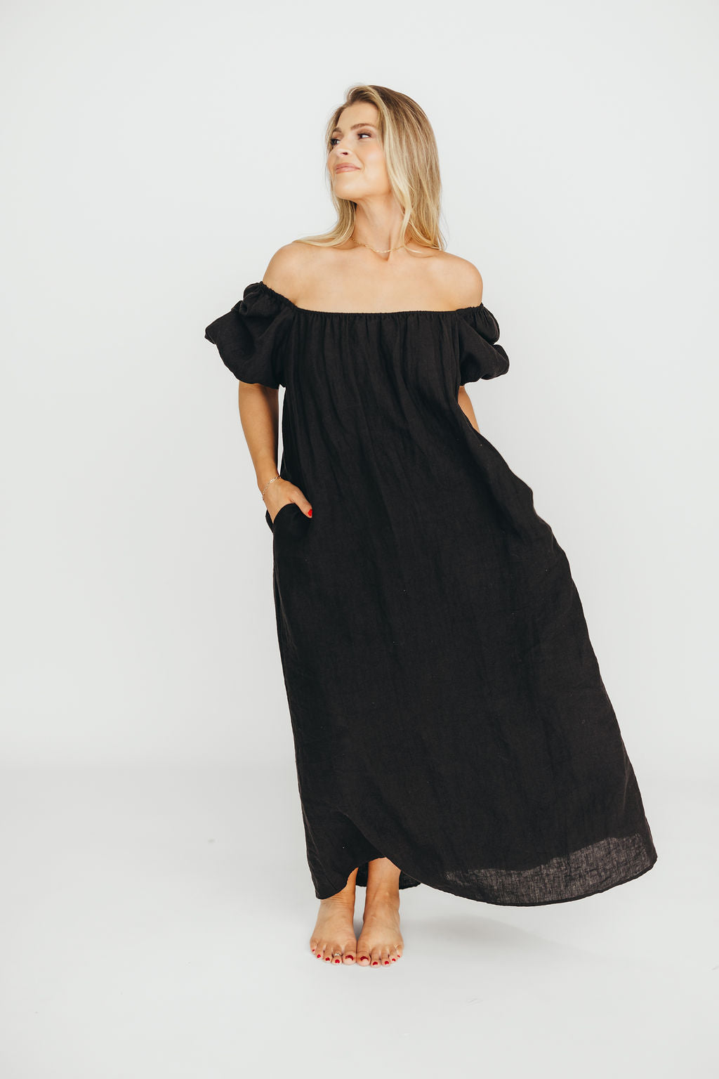 Genoa 100% Linen Maxi Dress in Black - Bump Friendly