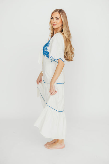Lena Embroidered Tiered Midi Dress in Off-White/Blue