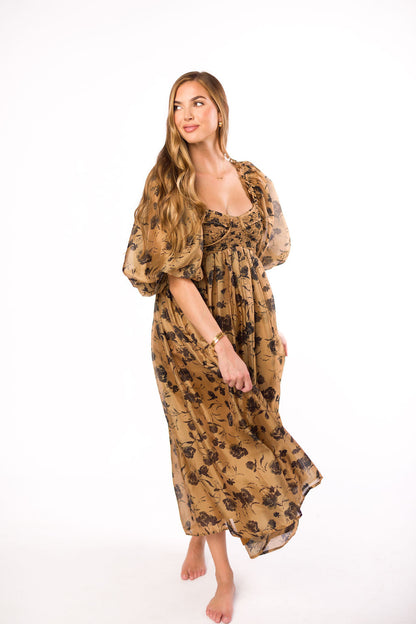 Harlow Camel & Black Floral Maxi Dress with Stretchy Neckline - Bump Friendly