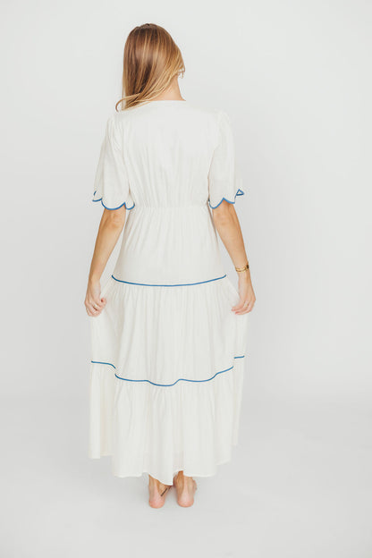 Lena Embroidered Tiered Midi Dress in Off-White/Blue