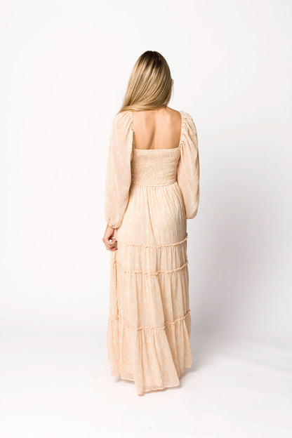 Daphne Long Sleeve Maxi Dress in Light Beige/White Floral - Bump Friendly & Inclusive Sizing (XS-3XL)