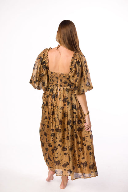 Harlow Camel & Black Floral Maxi Dress with Stretchy Neckline - Bump Friendly