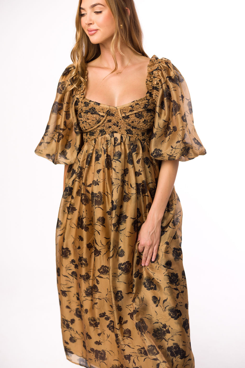 Harlow Camel & Black Floral Maxi Dress with Stretchy Neckline - Bump Friendly