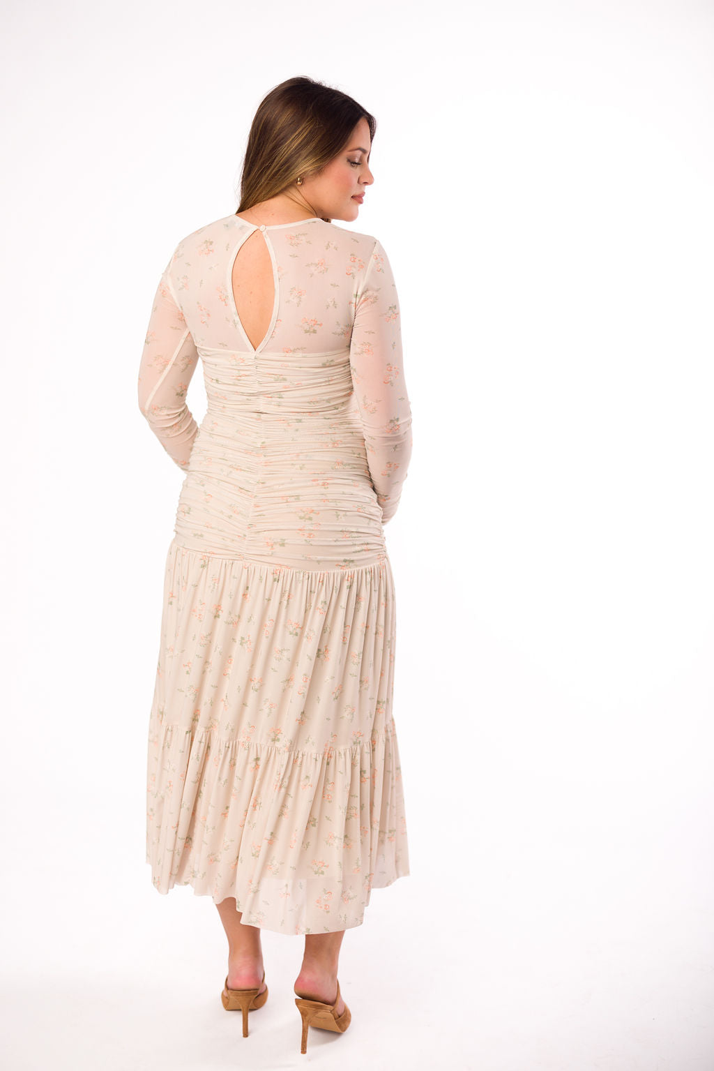 Camille Mesh Gathered Side Seam Maxi Dress in Nude Multi Floral - Bump Friendly