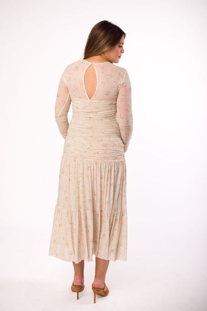 Camille Mesh Gathered Side Seam Maxi Dress in Nude Multi Floral - Bump Friendly