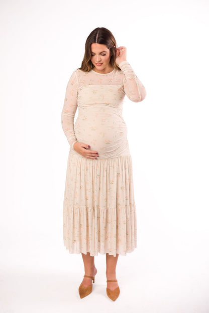 Camille Mesh Gathered Side Seam Maxi Dress in Nude Multi Floral - Bump Friendly